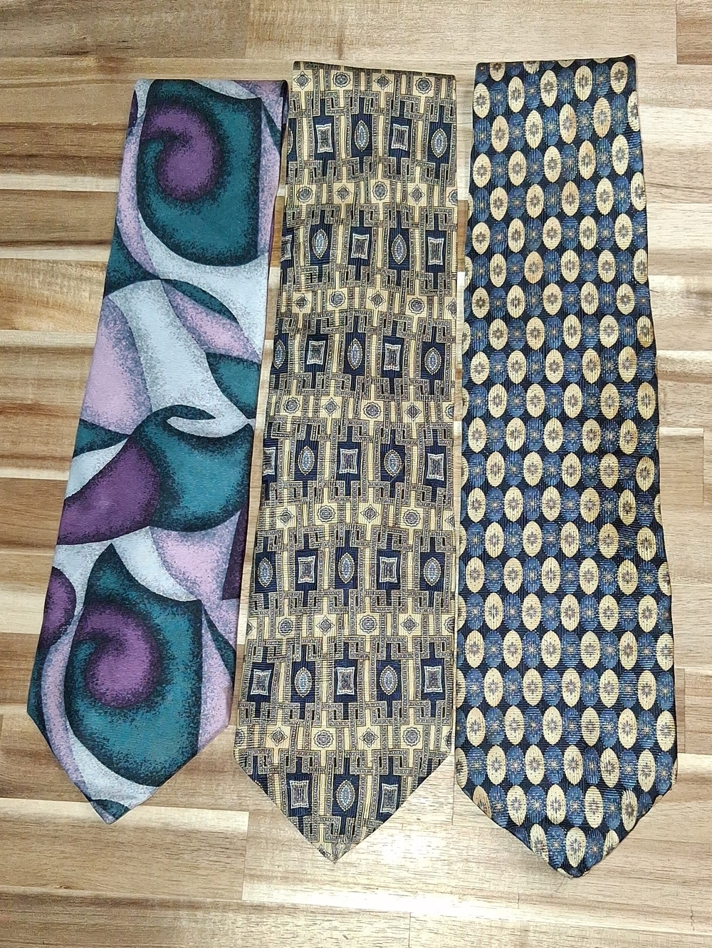 3 Pierre Balmain Paris Silk Ties Abstract Geometric Blue Gold Green Purple